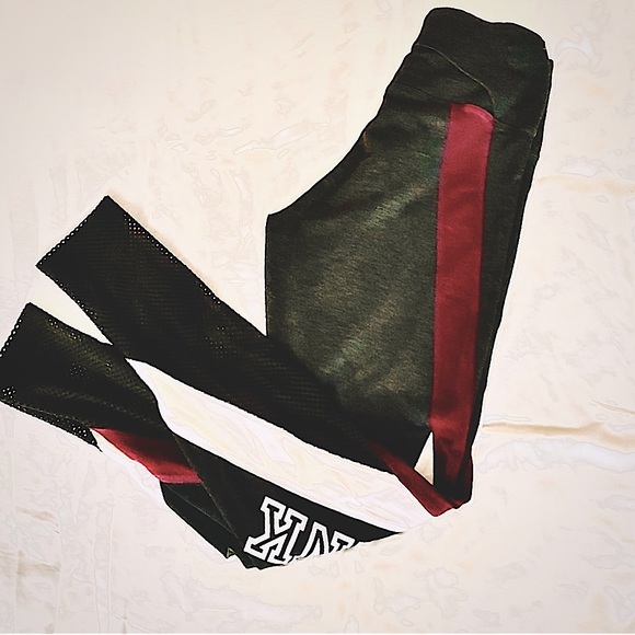 PINK by VS XS leggings Dark Gray Burgundy White fishnet & hidden pockets EUC - Picture 2 of 7